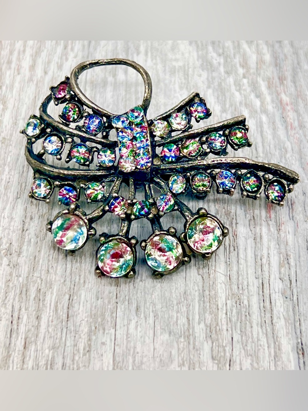 334. Vintage Multicolor Givre’ Pastel Rhinestome Bow Brooch - Women Jewelry